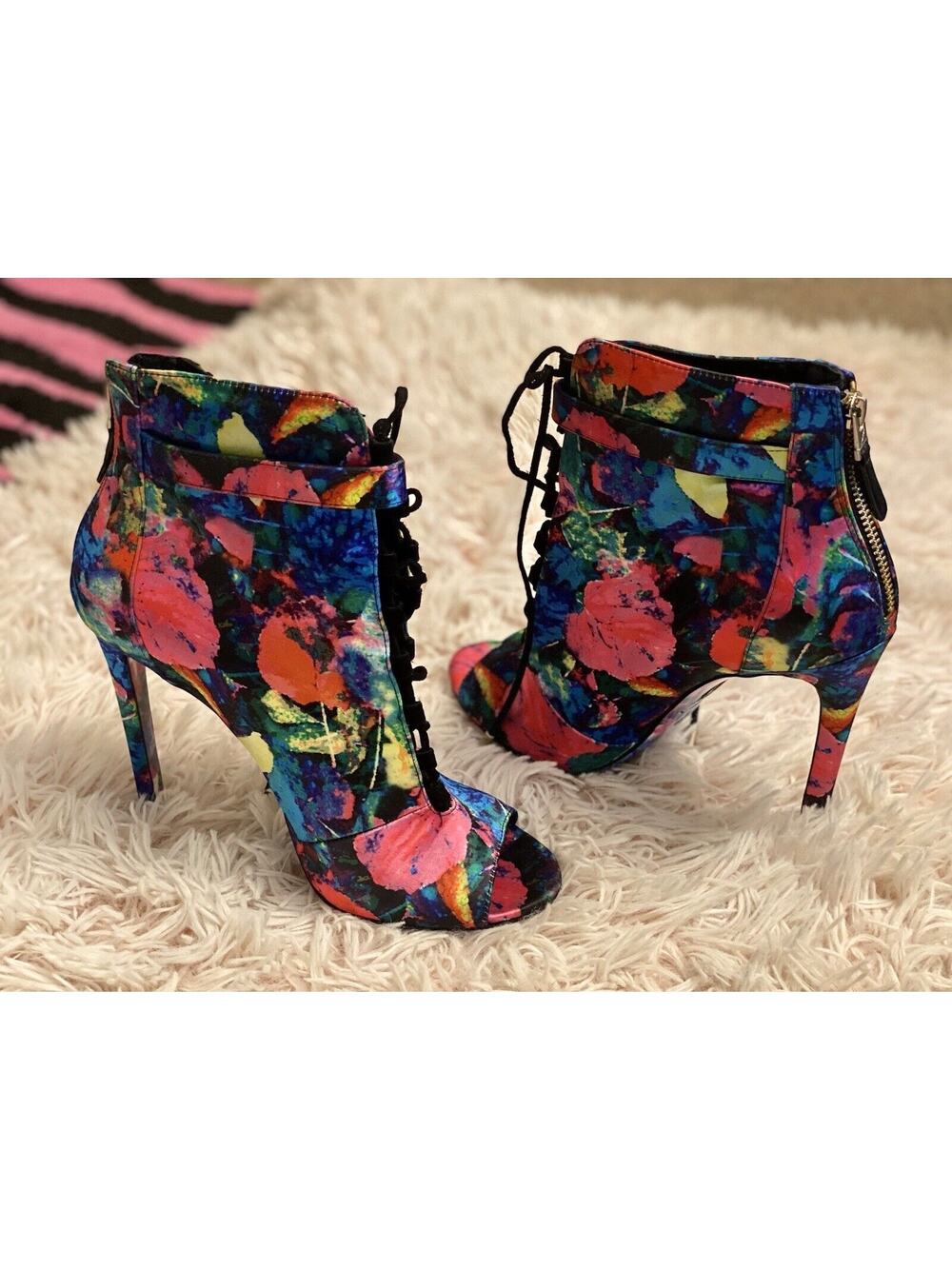 Brian Atwood Lindford Floral-Print Satin Bootie Size 8.5 Neon